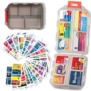 lot 41430 image: Pill Organizer with Medicine Labels Travel Daily Pill Container Mini Medication Organizer Storage Pill Organizer Travel Essentials Pill Case 7 Day (Grey & 161 Lables) - Retail $5