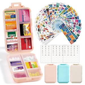 lot 41437 image: Travel Pill Organizer Box with 415-Pcs Medicine Name Labels - Pocket Daily Pharmacy Case Container Kit - Travel Medication Holder Dispenser for Fish Oil Vitamin, KhakiPinkSky Blue 3 pack - Retail $10