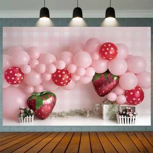 lot 41442 image: Pink Balloons Strawberry Photography Background Girls Birthday Party Decoration Sweet First Birthday Party Supplies Baby Shower Party Cake Smash Banner (7X5FT) - Retail $17