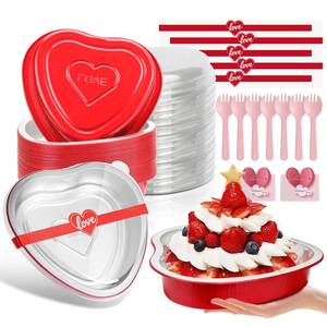 lot 44752 image: HEYYUMI 22oz Heart Shaped Cake Pans with Lids,10pcs Aluminum Foil Heart Cake Pans,Disposable Ramekins Containers Liners Tins,Cupcake Baking Cups Red - Retail $19