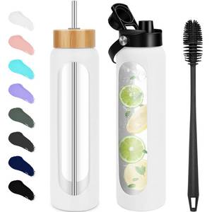 lot 44755 image: FULBEVY 25 oz Glass Water Bottles - Motivational Tumbler Water Bottle Time Marker - Borosilicate Glass Water Bottle With Silicone Sleeve and 2 Lids, Handle Spout & Bamboo Straw Lid (White) - Retail $23