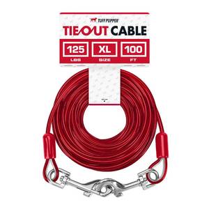 lot 44763 image: Tuff Pupper Dog Tie Out Cable 100 Feet  Dog Runner Cable for Yard 100 ft  Heavy Duty Lead  Water & Rust Resistant Industrial Strength Steel  360 Degree No Tangle Swivel Clips - Retail $27