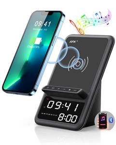 lot 50754 image: AFK Wireless Charging Station with Bluetooth Speaker and Alarm Clock,Wireless Charger Compatible with iPhone,Android Phones(Black) - Retail $36