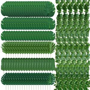 lot 50758 image: XunYee 168 Pcs Artificial Jungle Vines Tropical Leaf Garland and Monstera Palm Leaves Jungle Decoration Set, Fake Ivy Vines Green Greenery Faux Leaves for Baby Shower Safari Tropical Party Decoration - Retail $50