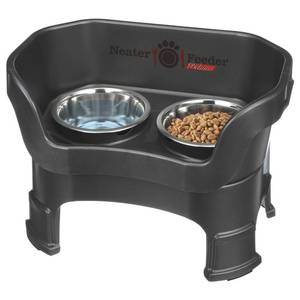 lot 50777 image: Neater Feeder Deluxe Mess-Proof Elevated Dog Bowls for Medium Dogs (19-40 lbs), 2 Height Adjustable (10 & 12.5) No-Spill Raised Dog Bowl Stand, Stainless Steel Food Bowl Set, Made in USA, Black - Retail $60