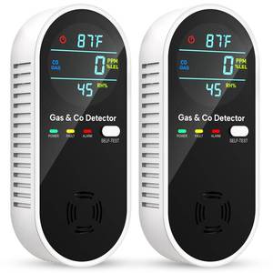 lot 50789 image: Carbon Monoxide Detectors and Natural Gas Detector, 4-in-1 Upgraded Carbon Monoxide Detectors Plug in, Gas Leak Detector with Dual Alarms, Temperature & Humidity Sensor for Home, RV, Black, 2 Packs - Retail $63