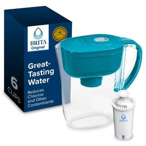lot 50793 image: Brita Metro Water Filter Pitcher with SmartLight Change Indicator, BPA-Free, Replaces 1,800 Plastic Water Bottles a Year, Lasts Two Months, Includes 1 Filter, Small - 6-Cup Capacity, Turquoise - Retail $25