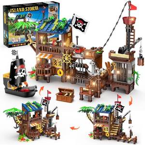 lot 50794 image: HOGOKIDS Pirate Ship House Building Set with LED Light - 3 Style Modes Pirate Wharf Supply Center Building Block Set, 781PCS STEM Bricks Kit for Kids Girls Boys Ages 6-12 Valentines Gifts - Retail $32