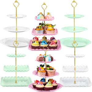 lot 50795 image: Gandeer 6 Sets Tea Party Decorations of 3 Tier Plastic Cupcake Stand Dessert Plates Cake Fruit Candy Display Tower for Wedding Birthday Baby Shower Tea Party Decorations(Round and Square) - Retail $33