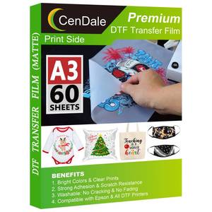 lot 58739 image: CenDale DTF Transfer Film - A3 (11.7 x 16.5) 60 Sheets Double-Sided Matte Clear PreTreat Sheets- PET Film Sheets DTF for DIY Direct Print on T-Shirts Textile - Retail $22