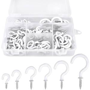 lot 58742 image: Romeda 90 Pcs White Ceiling Hooks kit, 6 Sizes Vinyl Coated Screw-in Plant, Kitchen, Cup, Ceiling Hooks for Hanging (12in, 58in,34in,78in,1,1-14in) - Retail $7