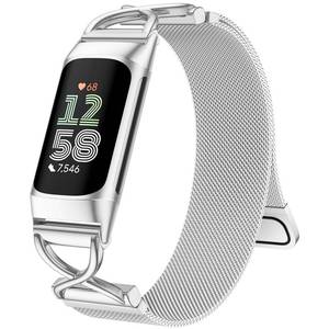lot 58744 image: JKD Silver Bands Compatible for Fitbit Charge 6 Charge 5 Bands Women Men, Magnetic Metal Mesh Strap Solo Loop Wristband Replacement Band for Fitbit Charge 5 Charge 6 Fitness Tracker Accessories - Retail $12