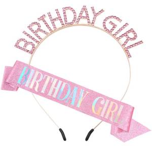 lot 58751 image: PQRUU Glitter Birthday Sash, Tiara and Rhinestone Headband Set - Pink Birthday Accessories for Her - Retail $7