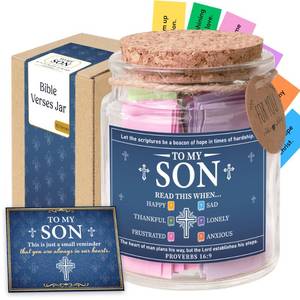lot 58753 image: Bible Verses Jar for Son 92 Scripture Cards, Open When You Feel Happy Sad Anxious or Lonely, Meaningful Christian Gift for Son, Birthday Graduation Easter Gift from Parents - Retail $19