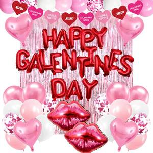lot 58764 image: DMIGHT 51 Pcs Happy Galentines Day Decorations Set, 18pcs Red Letter Balloons, Pink Heart and Lips Foil Balloons, Pink Backdrop & Banner Cute Galentines Day Decorations for Girls Party - Retail $24