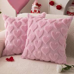 lot 58767 image: DFXSZ Valentines Pillow Covers 18x18 inch Set of 2 Valentines Day Decoration Pink Heart Soft Plush Faux Fur Jacquard Throw Pillows for Bedroom Sofa Holiday Festivals Home Decor PTK017B18 - Retail $16