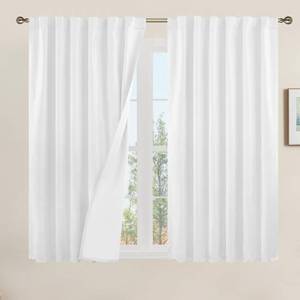 lot 61505 image: LAMIT Linen 100% Blackout Window Curtains for Bedroom, 45 Inches Linen Textured Thermal Farmhouse Curtains Back Tab and Rod Pocket Burlap Panels with White Liner, 2 Panels, 52 x 45 Inch, White - Retail $32