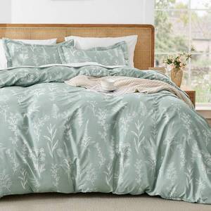 lot 61520 image: MUXHOMO Duvet Cover Queen Size, Reversible Floral Green Duvet Cover Set with Zipper Closure, 3 Pieces Botanical Patterns Soft Microfiber Bedding Set with 4 Ties (90x90, 2 Pillow Cases) - Retail $22