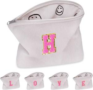 lot 50098 image: Personalized Gift for Women Girls,A-Z Initial Corduroy Makeup Bag,Preppy Cosmetic Bag,Cute Smile Face Make Up Pouch with Zipper,Birthday Gifts for Friend Teacher Teenage Daughter(H)