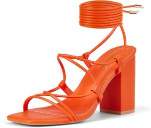 lot 50125 image: GENSHUO Womens Strappy Chunky Heels Sandals, Lace Up Square Open Toe Ankle Wrap Block Heeled Homecoming Wedding Dress Shoes SIZE 9.5