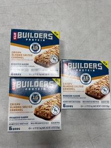 lot 50200 image: 3 Boxes CLIF BUILDERS Protein Bars Crispy Almond Salted Caramel, Reduced Sugar, Gluten Free, 6cteach