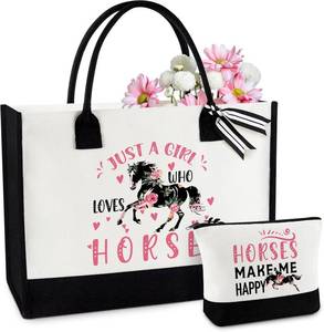 lot 50212 image: Designer Horse Gifts Tote & Makeup Bag Combo - Laptop & Work Bags for Women - Zippered Canvas Horse Gift Bags