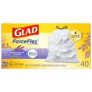 lot 50222 image: Glad ForceFlex 13 gal Lavender Tall Kitchen Bags Drawstring 40 pk