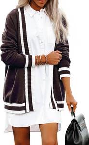 lot 50258 image: Striped Cardigan Sweaters for Women Knit Open Front Long Cardigan Colorblock Varsity Trendy Tennis Cardigan with Pockets - Brown L