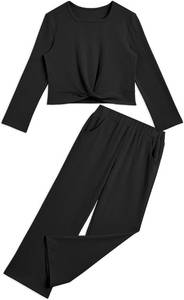 lot 50260 image: Girls Fall Outfits Tie Knot Crop Tops Wide Leg Pants with Pockets 2025 Winter Sets Active Wear Color is Pink