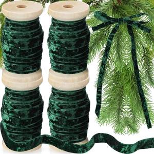 lot 50418 image: Chuangdi 4 Roll 20 Yards Crushed Velvet Ribbon Christmas Vintage Wooden Spool Velvet Ribbon for Christmas Tree Ornament Gift Wrapping Bow Wreath Flower Bouquet Craft Decoration(Forest Green,38 Inch)