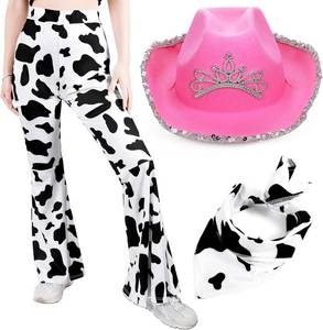 lot 50421 image: Haysandy 3 Pcs Cow Print Costume Set Include Cow Print Pants Pink Hat, Bandanna for Halloween Party