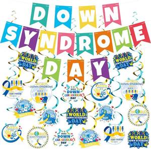 lot 50458 image: 35 Pcs World Down Syndrome Day Banner Decorations Bohring Opitz Syndrome Awareness Day Hanging Swirls Wall Decor Yellow Blue Ribbon Holiday Celebrating Events for Festival Party Supplies
