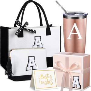 lot 50485 image: Monogram Teacher Appreciation Gift Set Canvas Tote Bag Chenille Letter with Cosmetic Bag Mug Tumbler 20oz Gift Box Card(Letter A)