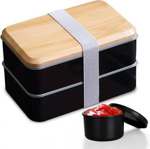 lot 50488 image: 1400ml Bento Box Adult Lunch Box Large with 2 Layered Stackable Compartments & Utensil Set Cute Japanese Lunch Box Leak-Proof MicrowaveDishwasher Safe, 47oz (Black)