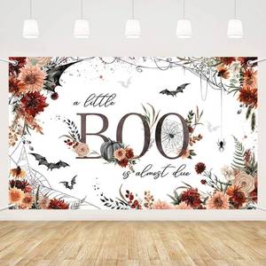 lot 50501 image: MEHOFOND Halloween Baby Shower Banner for Girl Floral A Little Boo is Almost Due Background Decorations Ghost Bats Halloween Little Boo Baby Shower Party Photo Booth Props 5.9x3.6ft