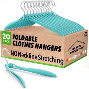 lot 50508 image: Foldable Hangers by Hanger Revolution - Slide Easily Through Necklines Without Stretching - Non-Slip Plastic Arms Prevent Wrinkles & Marks - Perfect for Closet, Laundry & Travel - Blue - 20 Pack
