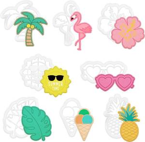 lot 50510 image: Tropical Summer Cookie Cutter - Funny Embossing Mold Set 8 Pcs Polymer Clay Flamingo Coconut Tree Ice Cream Pineapple Sun Leaves Biscuit Molds Birthday Party Accessories for Kitchen Baking