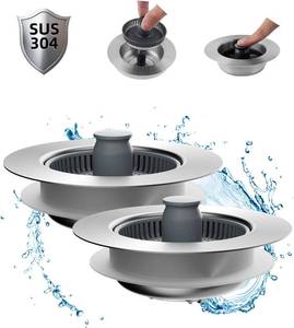 lot 50519 image: Hibbent 2 Pack Upgraded 3 in 1 Kitchen Sink Drain Strainer and Stopper Combo, Stainless Steel Metal Pop Up Sink Stopper, Anti-Clogging Basket Strainer with Handle for US Standard 3-12 Inch Drain