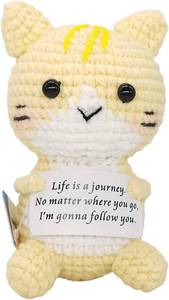 lot 12101 image: 1 Pcs Mini Cute Funny Positive Life Bunny Creative Knitted Animal Holding Card Crochet Easter Birthday Christmas Girls Gift Party Decor(yellow cat)