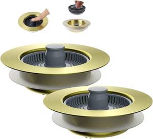 lot 12109 image: Hibbent 2 Pack Upgraded 3 in 1 Kitchen Sink Drain Strainer and Stopper Combo, Stainless Steel Metal Pop Up Sink Stopper, Anti-Clogging Basket Strainer for US Standard 3-12 Inch Drain, color is SILVER