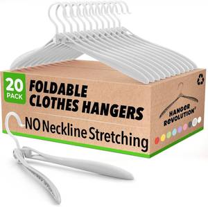 lot 55013 image: Foldable Hangers by Hanger Revolution - Slide Easily Through Necklines Without Stretching - Non-Slip Plastic Arms Prevent Wrinkles & Marks - Perfect for Closet, Laundry & Travel - Silver - 20 Pack