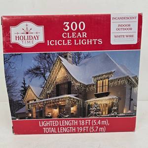 lot 55038 image: Holiday Time 300 Clear Icicle Lights White Wire Incandescent