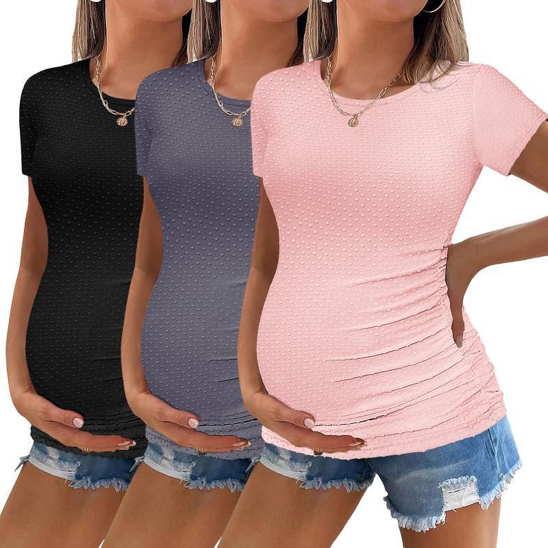 lot 12189 image: Ekouaer Womens Maternity Shirts 3 Packs Round Neck Short Sleeve Side Ruched Swiss Dot T Shirt Tops SIZE M