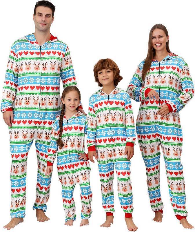 lot 12468 image: ANGELGGH Onesie Christmas Family Matching Pajamas Adult Couples Men PJs Hooded Women Novelty One-piece Sleepwear (Youth, 2-3T, Heart Reindeer) ONE PAIR OF PJs