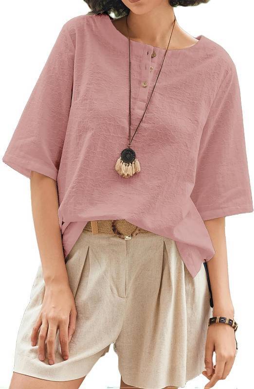 lot 12470 image: Linen Tops for Women 34 Sleeve Crew Neck Cotton Shirts Casual Jacquard Boho Blouse SIZE L