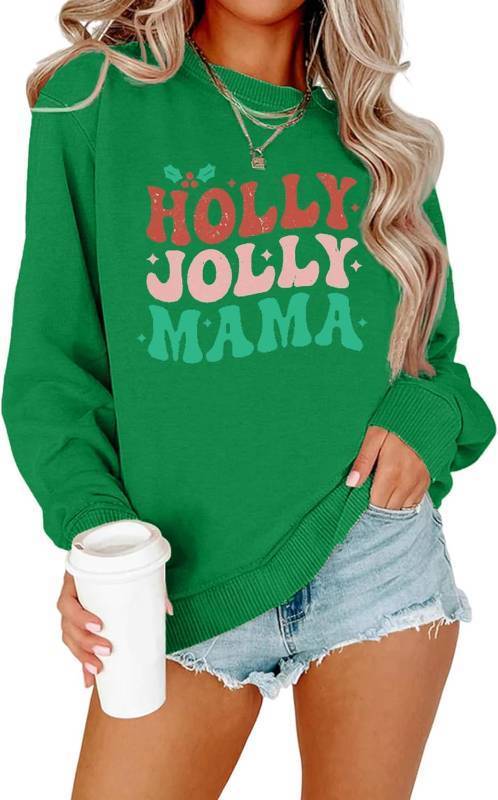 lot 8273 image: DOLITAEN Women Holly Jolly Mama Sweatshirt Mom Christmas Sweater Matching Family Long Sleeve Pullover Tops SIZE L