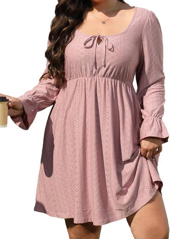lot 3467 image: AlvaQ Plus Size Dresses for Women Square Neck Long Sleeve Dress Embroidery Eyelet A Line Sundress with Pockets SIZE XL