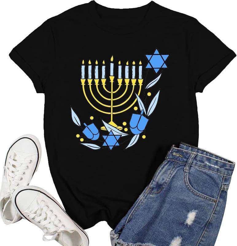 lot 3475 image: Hanukkah Shirt Women Happy Hanukkah T-Shirt Menorah Candles Short Sleeve Jewish Chanukah Tee Tops, SIZE M, SHIRT IS WHITE