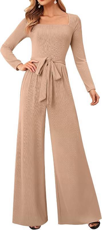 lot 3516 image: Jumpsuits For Women Dressy Long Sleeve Square Neck Casual Belted Wide Leg Long Pants Romper One Piece Outfits SIZE XXL