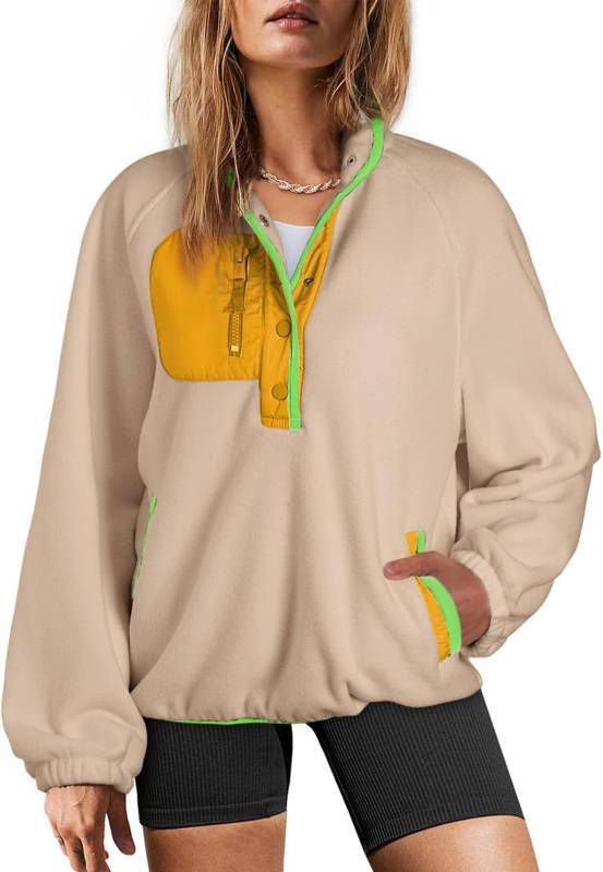 lot 3610 image: Dokotoo Sweatshirt for Women Oversized Fuzzy Fleece Jacket Color Block Button Long Sleeve Pullover Sherpa Sweatshirts Tops Size Large